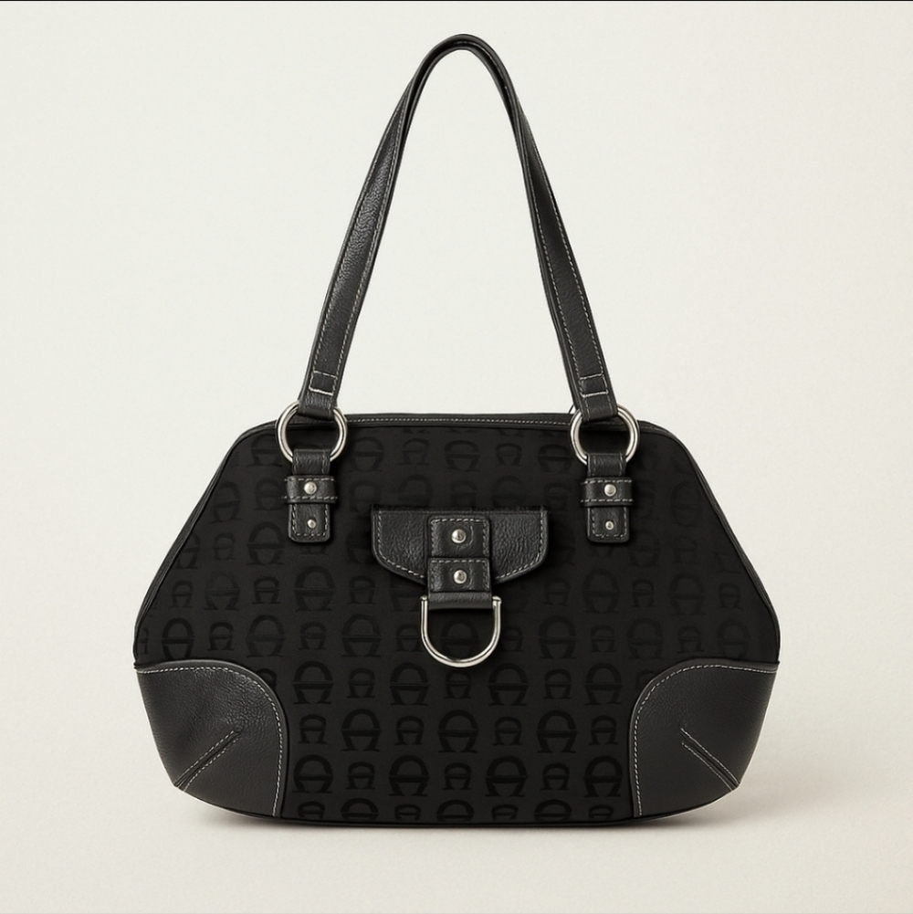 Etienne Aigner Core Collection Black Fabric Leather Logo Handbag Purse 57628
